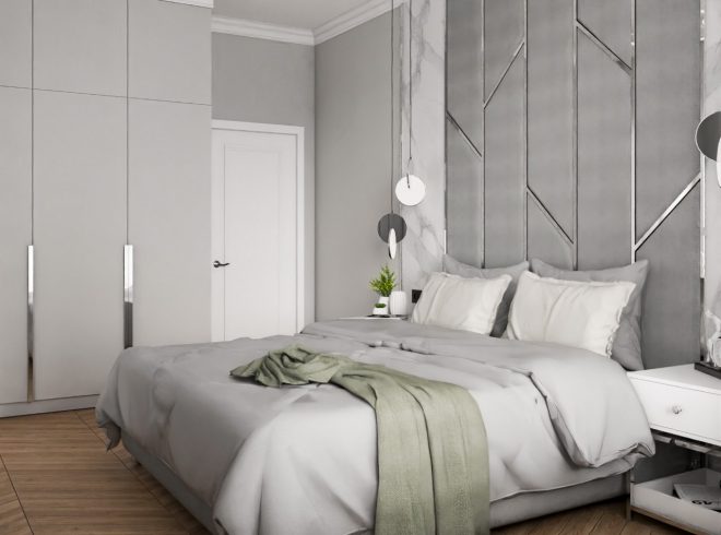 Декоративное мягкое изголовье кровати в спальне в современном стиле с элементами классики