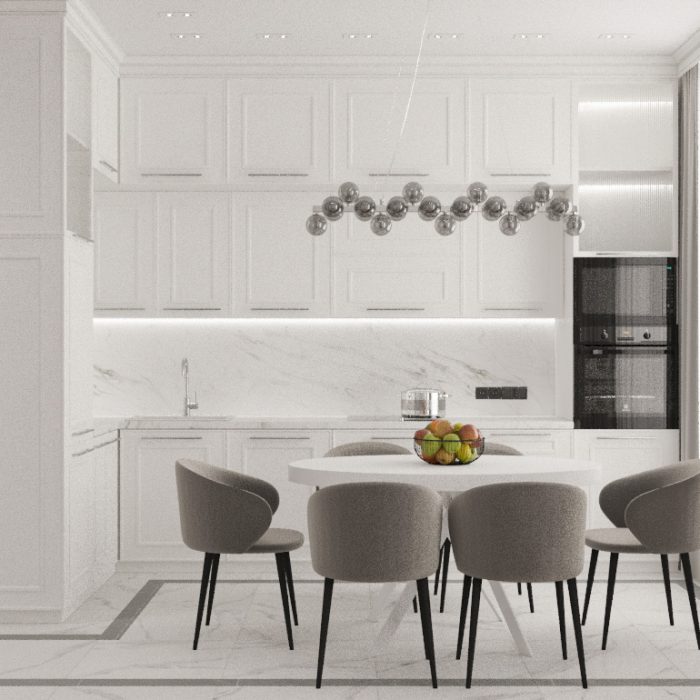 Белая кухня в потолок с классическими фасадми в современной квартире